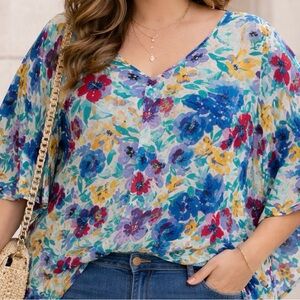 Spring Bright Floral Women's Top OXL flowy with bat wings